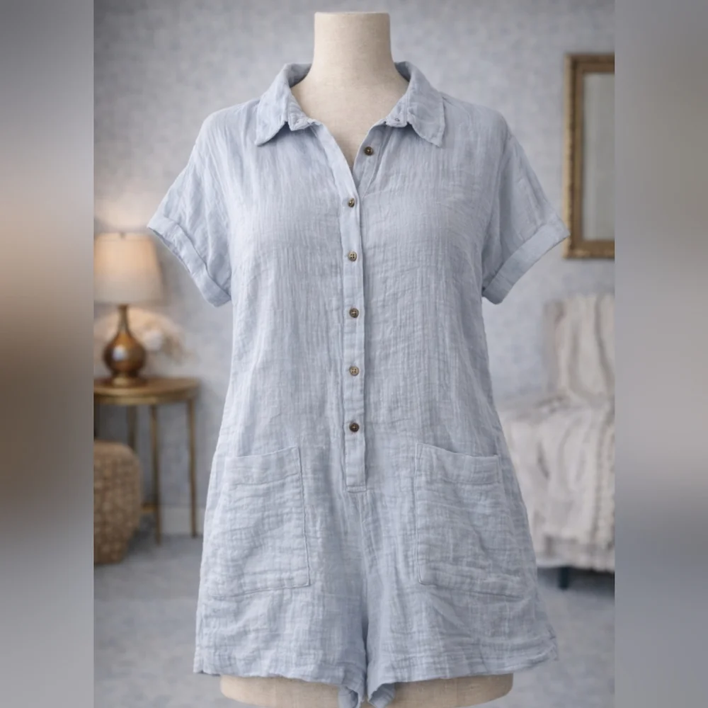 By Together Gauze Button-Front Romper – Light Blue
